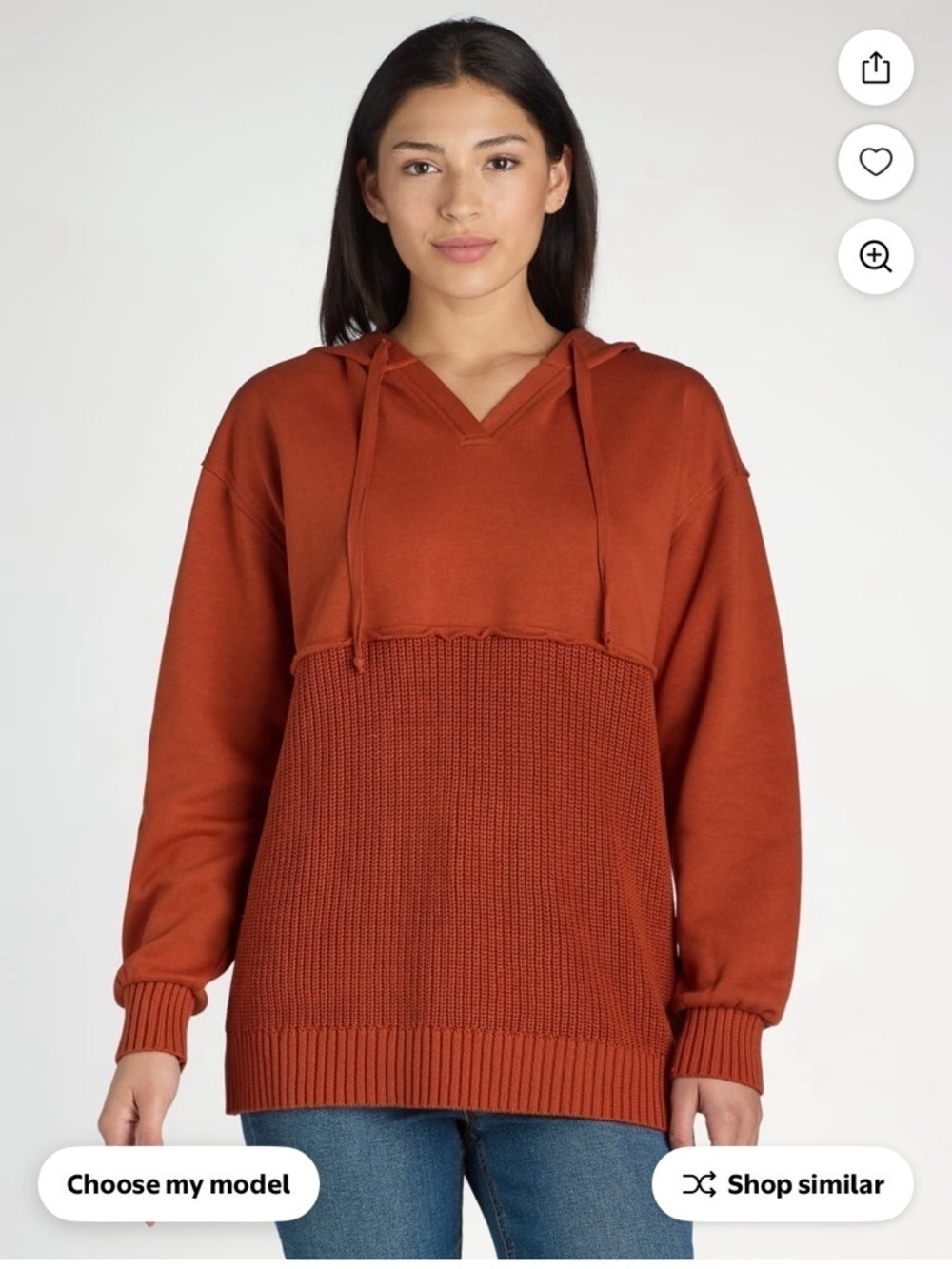 Time and Tru Mixed Media Hoodie Sweater XL Burnt Orange Knit Pullover